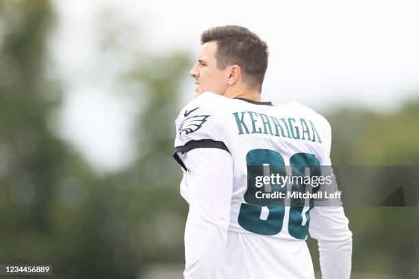 Ryan Kerrigan of the Philadelphia Eagles walks onto the field during training camp at the NovaCare Complex on August 4, 2021 in Philadelphia,...