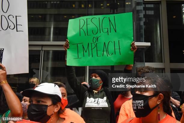 People participate in a protest against N.Y. Governor Andrew Cuomo and protest for a moratorium on evictions on August 4, 2021 in New York City. The...