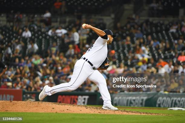 Detroit Tigers relief pitcher Joe Jimenez pitches in the sixth inning during the Detroit Tigers versus the Boston Red Sox game on Tuesday August 3,...