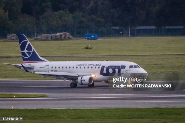 Polish Airlines plane from Vienna said to be carrying Belarusian Olympic athlete Krystsina Tsimanouskaya arrives at Warsaw airport on August 4, 2021....