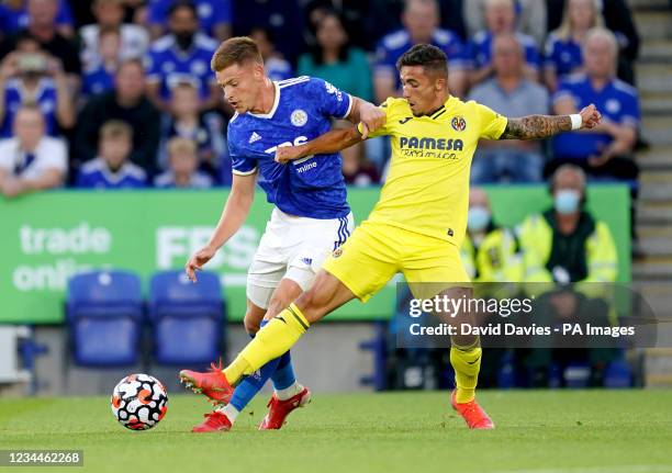 Leicester City's Harvey Barnes and Villareal's Yeremi Pino battle for the ball during the Pre-Season Friendly match at The King Power Stadium,...
