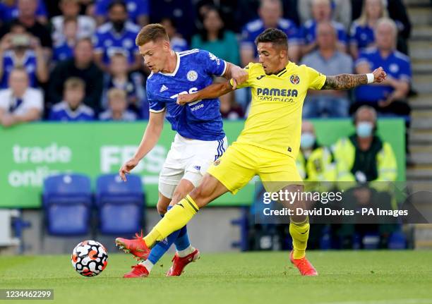 Leicester City's Harvey Barnes and Villareal's Yeremi Pino battle for the ball during the Pre-Season Friendly match at The King Power Stadium,...