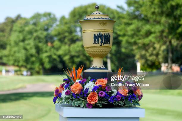 The Gary Player Cup sits on the first tee box prior to the World Golf Championships-FedEx St. Jude Invitational at TPC Southwind on August 4, 2021 in...