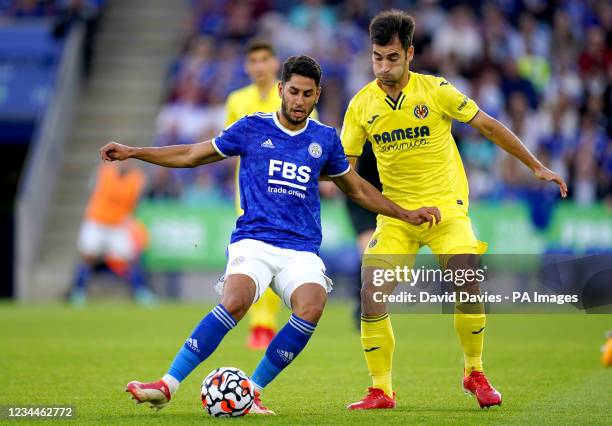 Leicester City's Ayoze Perez and Villareal's Manu Trigueros battle for the ball during the Pre-Season Friendly match at The King Power Stadium,...