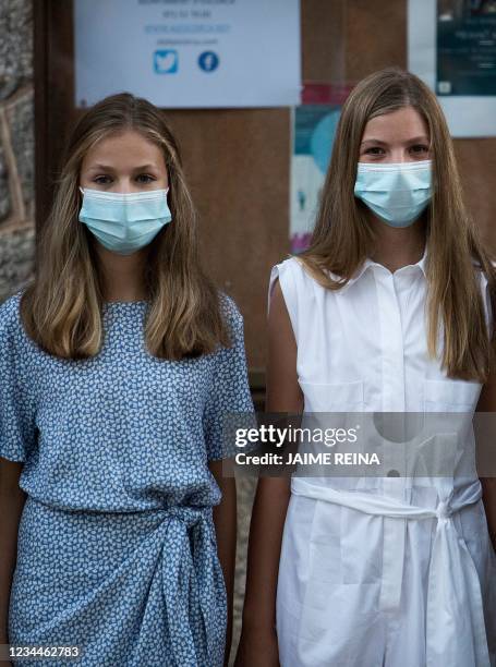 Spanish Crown Princess Leonor and Princess Sofia visit the Santuari de Lluc monastery and pilgrimage site in Escorca during their summer holidays in...