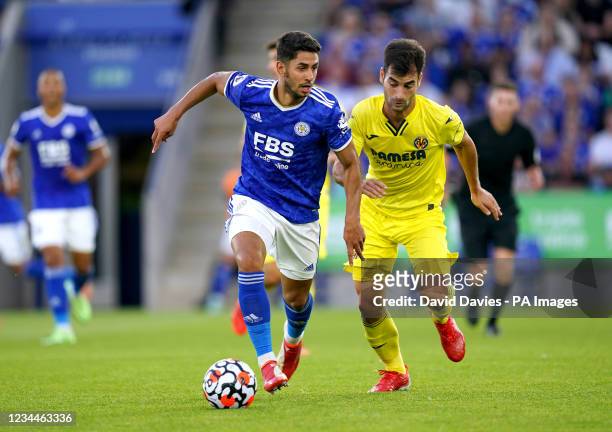 Leicester City's Ayoze Perez and Villareal's Manu Trigueros battle for the ball during the Pre-Season Friendly match at The King Power Stadium,...