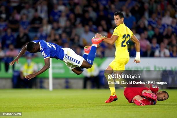 Leicester City's Patson Daka trips over Villareal goalkeeper Sergio Asenjo during the Pre-Season Friendly match at The King Power Stadium, Leicester....