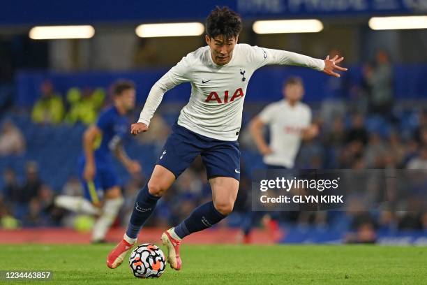 Tottenham Hotspur's South Korean striker Son Heung-Min controls the ball during the pre-season friendly football match between Chelsea and Tottenham...