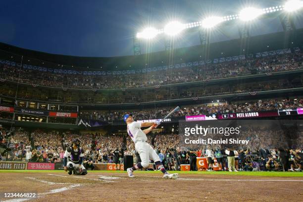 Pete Alonso of the New York Mets reacts to winning during the 2021 T-Mobile Home Run Derby at Coors Field on Monday, July 12, 2021 in Denver,...