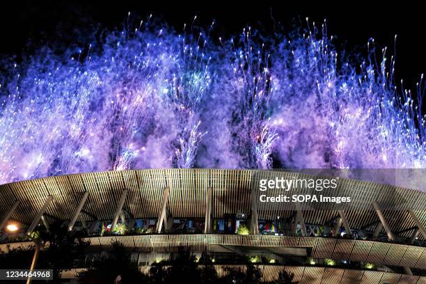 Fireworks seen at the National Olympic Stadium on the opening night of the Tokyo 2020 Olympic games.