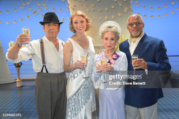 Robert Lindsay, Sutton Foster, Felicity Kendal and Gary Wilmot pose backstage during the press night performance of "Anything Goes" at The Barbican...