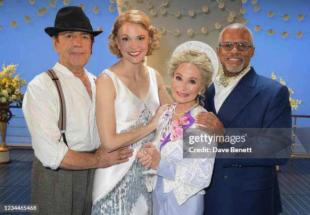 Robert Lindsay, Sutton Foster, Felicity Kendal and Gary Wilmot pose backstage during the press night performance of "Anything Goes" at The Barbican...