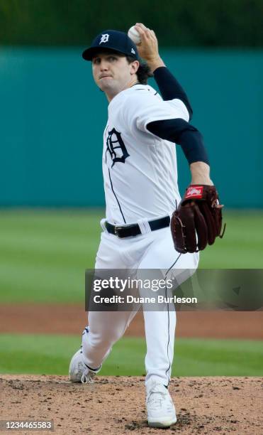 Starting pitcher Casey Mize of the Detroit Tigers delivers a pitch against the Boston Red Sox during the second inning at Comerica Park on August 4...