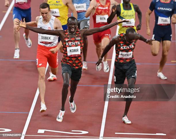 Gold medalist Emmanuel Kipkurui Korir of Kenya, Silver medalist Ferguson Cheruiyot Rotich of Kenya and Bronze medalist Patryk Dobek of Poland...