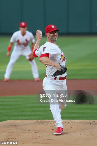 Happ of the St. Louis Cardinals delivers a pitch against the Atlanta Braves in the first inning at Busch Stadium on August 4, 2021 in St Louis,...