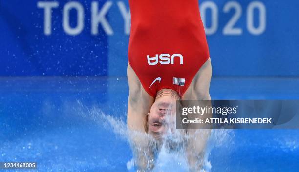 S Delaney Schnell competes in the women's 10m platform diving semi-final event during the Tokyo 2020 Olympic Games at the Tokyo Aquatics Centre in...