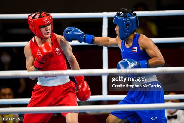 Tokyo , Japan - 5 August 2021; Kellie Harrington of Ireland, left, and Sudaporn Seesondee of Thailand during their women's lightweight semi-final...