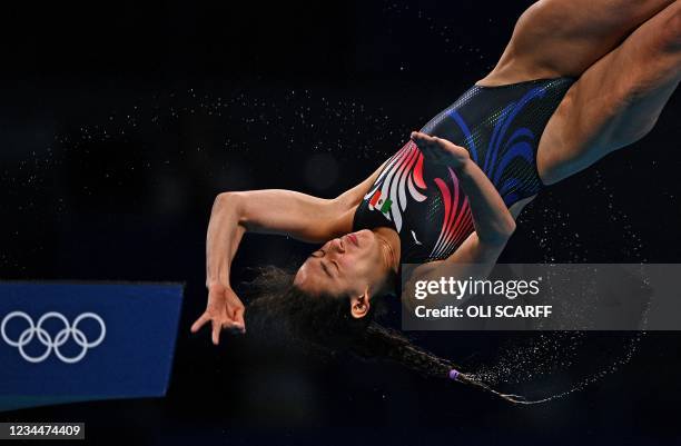 Mexico's Gabriela Agundez Garcia competes in the women's 10m platform diving final event during the Tokyo 2020 Olympic Games at the Tokyo Aquatics...