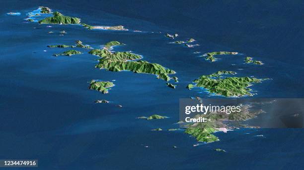 In this NASA image released 09 July St. Thomas, St. John, Tortola, and Virgin Gorda are the four main islands of this east-looking view of the U.S....