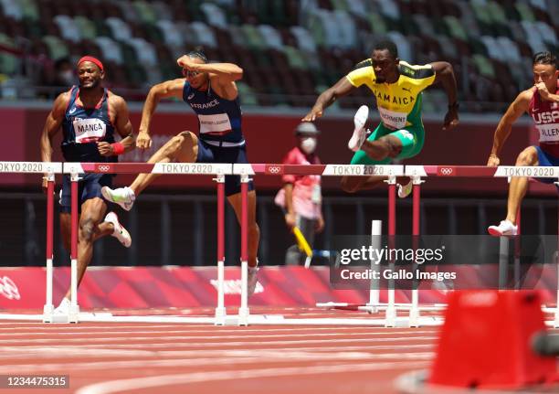 Hansle Parchment of Jamaica wins the mens 110m hurdles final during the Athletics event on Day 13 of the Tokyo 2020 Olympic Games at the Olympic...