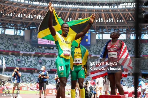 Hansle Parchment of Jamaica after winning the mens 110m hurdles during the Athletics event on Day 13 of the Tokyo 2020 Olympic Games at the Olympic...