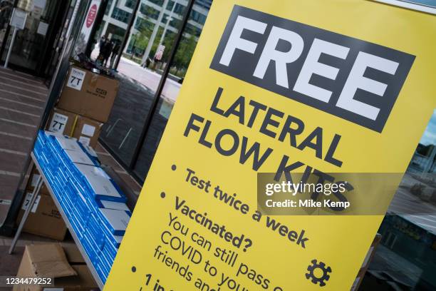 Free NHS test and trace lateral flow testing kits being given out in the city centre on 3rd August 2021 in Birmingham, United Kingdom. Rapid lateral...