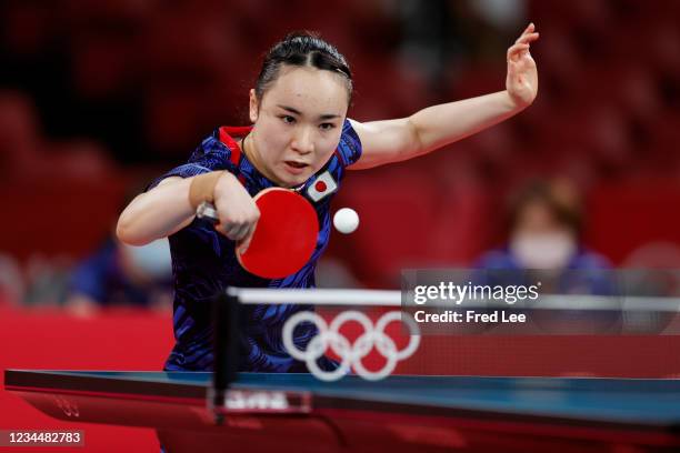 Ito Mima of Team Japan in action during her Women's Team Gold Medal table tennis match on day thirteen of the Tokyo 2020 Olympic Games at Tokyo...