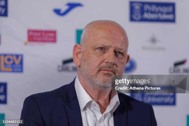 Club CEO Julian Winter speaks to reporters during the Swansea City Press Conference at the Liberty Stadium on August 05, 2021 in Swansea, Wales.