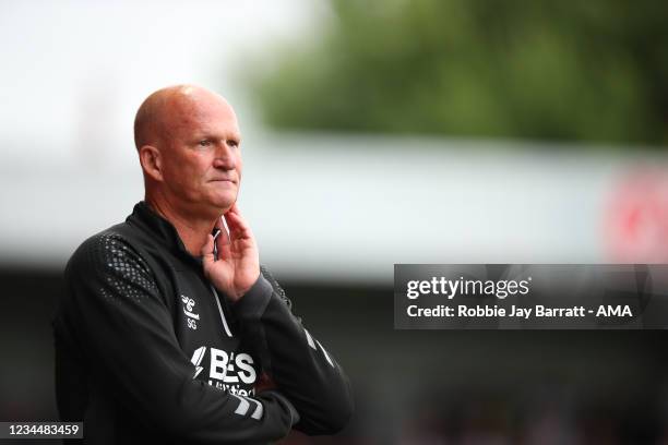 Simon Grayson the head coach / manager of Fleetwood Town during the Pre-Season Friendly match between Fleetwood Town and Leeds United at Highbury...