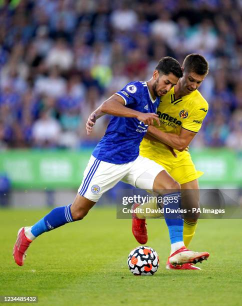 Leicester City's Ayoze Perez and Villareal's Juan Foyth battle for the ball during the Pre-Season Friendly match at The King Power Stadium,...