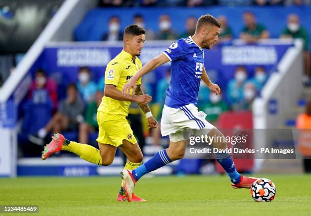 Leicester City's Jamie Vardy and Villareal's Yeremi Pino battle for the ball during the Pre-Season Friendly match at The King Power Stadium,...