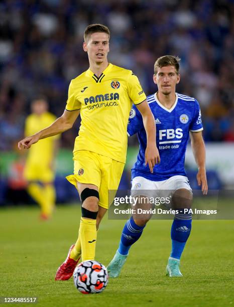 Villareal's Juan Foyth and Leicester City's Dennis Praet battle for the ball during the Pre-Season Friendly match at The King Power Stadium,...