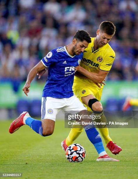 Leicester City's Ayoze Perez and Villareal's Juan Foyth battle for the ball during the Pre-Season Friendly match at The King Power Stadium,...