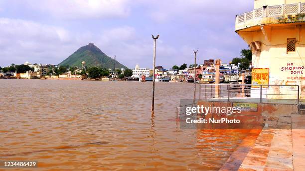 View of Pushkar Lake after the Monsoon Rain made the water level rose in Pushkar, Rajasthan, India on August 5, 2021.