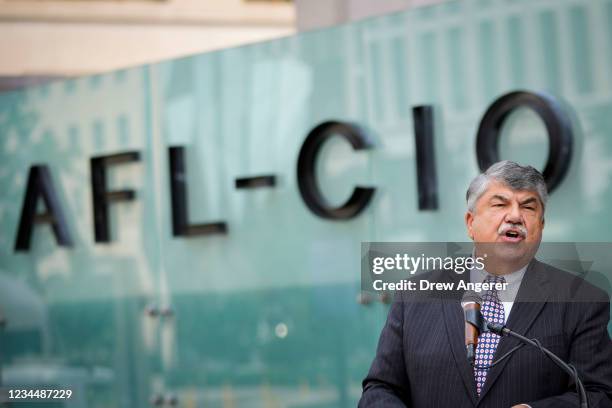 President Richard Trumka speaks during a news conference outside the AFL-CIO headquarters on July 15, 2021 in Washington, DC. The organized labor...