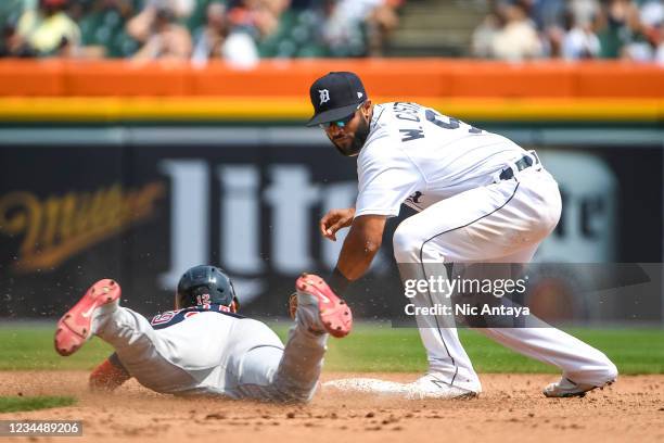 Marwin Gonzalez of the Boston Red Sox slides to second base against Willi Castro of the Detroit Tigers during the top of the fifth inning at Comerica...