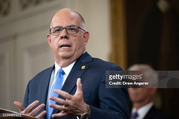 Maryland Governor Larry Hogan holds a news conference on the state's Covid-19 situation, at the Maryland State Capitol on August 5, 2021 in...