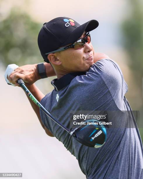 Whee Kim of South Korea plays his shot from the 18th tee during the first round of the Utah Championship presented by Zions Bank at Oakridge Country...