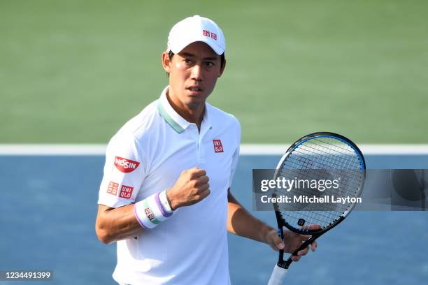 Kei Nishikori of Japan celebrates a shot during a match against Cameron Norrie of Great Britain on Day 6 during the Citi Open at Rock Creek Tennis...