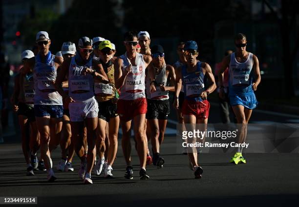 Hokkaido , Japan - 6 August 2021; Havard Haukenes of Norway, front left, with Dawid Tomala, centre, of Poland and Diego Pinzon, right, of Columbia in...