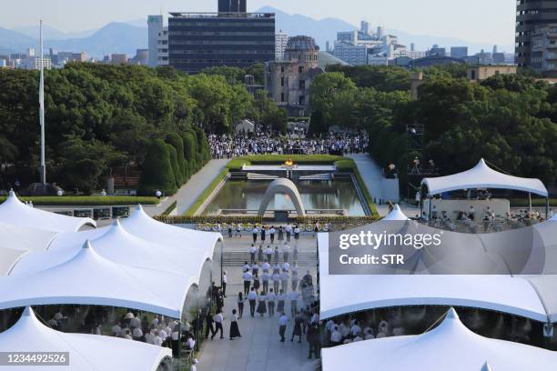 General view of the Hiroshima Peace Memorial Park is seen during a memorial service for victims on the 76th anniversary of the world's first atomic...