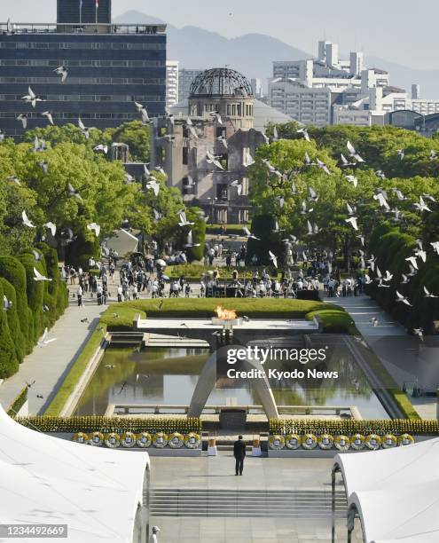 Doves are released at the Peace Memorial Park in Hiroshima, western Japan, on Aug. 6 the 76th anniversary of the U.S. Atomic bombing of the city.