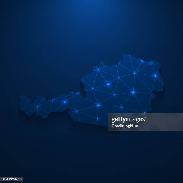 austria map network - bright mesh on dark blue background - austria map stock illustrations