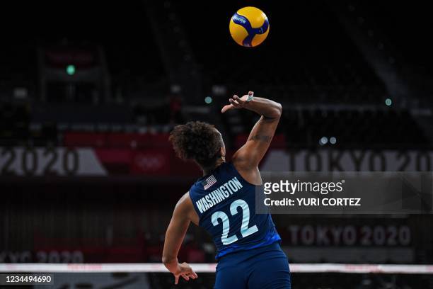 S Haleigh Washington serves in the women's semi-final volleyball match between USA and Serbia during the Tokyo 2020 Olympic Games at Ariake Arena in...