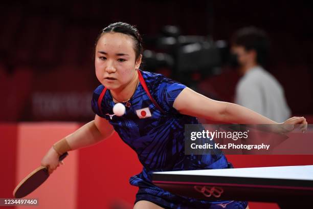 Mima Ito of Team Japan hits the ball at Table Tennis Women's Team single Final on day thirteen of the Tokyo 2020 Olympic Games at Tokyo Metropolitan...