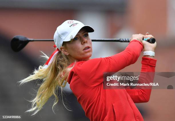 Annabell Fuller of England plays her tee shot to the 1st hole during the R&A Women's Home Internationals at the Hotchkin Course, Woodhall Spa Golf...
