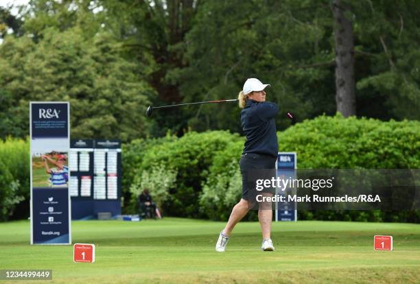 Gillian Kyle of Scotland plays her tee shot to the 1st hole during the R&A Women's Senior and Men's Senior Home Internationals at the Hotchkin...