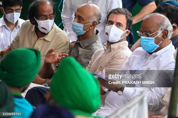 India's Congress party leader Rahul Gandhi attends a symbolic assembly staged by the protesting farmers urging to revoke the new agriculture laws, at...