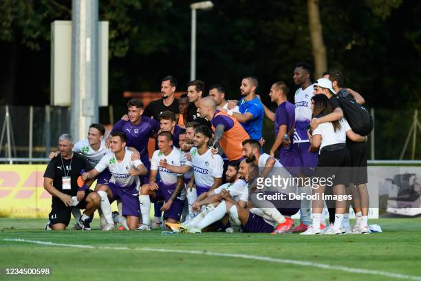 The Team of Ujpest FC celebrates the win during the UEFA Europa Conference League Second Qualifying Round - Second Leg Match between FC Vaduz and...