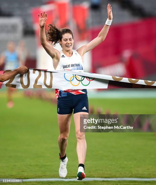 Tokyo , Japan - 6 August 2021; Kate French of Great Britain races past the finish line during the women's individual laser run at Tokyo Stadium on...